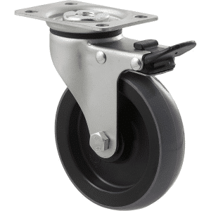 K Series castor, 100mm x 23mm polyurethane (PU) wheel, precision bearing, swivel plate, total brake, 100 kg load rating