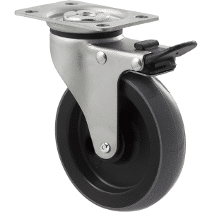 K Series castor, 100mm x 23mm polyurethane (PU) wheel, precision bearing, swivel plate, total brake, Chicago screw axle, 100 kg load rating