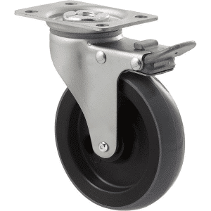 K Series castor, 100mm x 23mm polyurethane (PU) wheel, precision bearing, swivel plate, total brake, Chicago screw axle, grey seal & pedal, 100 kg load rating