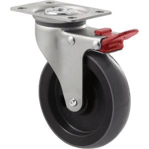 K Series castor, 100mm x 23mm polyurethane (PU) wheel, precision bearing, swivel plate, total brake, Chicago screw axle, grey seal & red pedal, 100 kg load rating