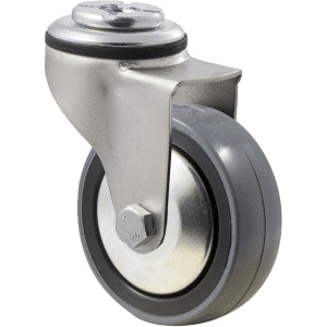 K Series castor, 75mm polyurethane (PU) on nylon wheel, thread guard, precision bearing, swivel bolt hole, 100 kg load rating