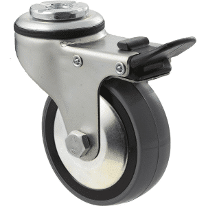 K Series castor, 75mm polyurethane (PU) on nylon wheel, thread guard, swivel bolt hole, total brake, zinc, 100 kg load rating