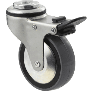 K Series castor, 75mm polyurethane (PU) on nylon wheel, thread guard, swivel bolt hole, total brake, zinc, Chicago screw axle, 100 kg load rating