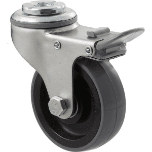 K Series castor, 75mm polyurethane (PU) on nylon wheel, thread guard, swivel bolt hole, total brake, zinc, grey seal & pedal, 100 kg load rating
