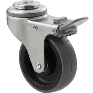 K Series castor, 75mm polyurethane (PU) on nylon wheel, thread guard, swivel bolt hole, total brake, zinc, Chicago screw axle, grey seal & pedal, 100 kg load rating
