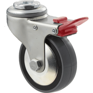 K Series castor, 75mm polyurethane (PU) on nylon wheel, thread guard, swivel bolt hole, total brake, zinc, grey seal & red pedal, 100 kg load rating