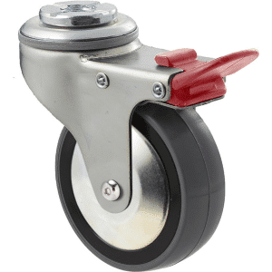 K Series castor, 75mm polyurethane (PU) on nylon wheel, thread guard, swivel bolt hole, total brake, zinc, Chicago screw axle, grey seal & red pedal, 100 kg load rating