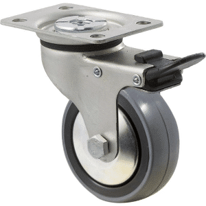 K Series castor, 75mm polyurethane (PU) on nylon wheel, thread guard, precision bearing, swivel plate, total brake, 100 kg load rating