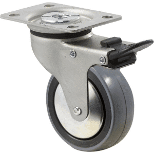 K Series castor, 75mm polyurethane (PU) on nylon wheel, thread guard, precision bearing, swivel plate, total brake, Chicago screw axle, 100 kg load rating