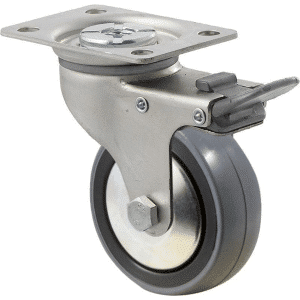 K Series castor, 75mm polyurethane (PU) on nylon wheel, thread guard, precision bearing, swivel plate, total brake, grey seal & pedal, 100 kg load rating