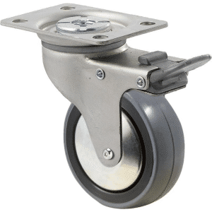 K Series castor, 75mm polyurethane (PU) on nylon wheel, thread guard, precision bearing, swivel plate, total brake, Chicago screw axle, grey seal & pedal, 100 kg load rating