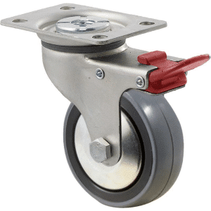 K Series castor, 75mm polyurethane (PU) on nylon wheel, thread guard, precision bearing, swivel plate, total brake, grey seal & red pedal, 100 kg load rating