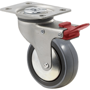 K Series castor, 75mm polyurethane (PU) on nylon wheel, thread guard, precision bearing, swivel plate, total brake, Chicago screw axle, grey seal & red pedal, 100 kg load rating
