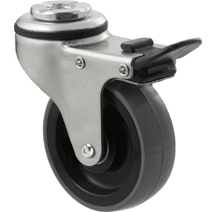K Series castor, 75mm x 28mm x 23mm polyurethane (PU) wheel, precision bearing, swivel bolt hole, total brake, Chicago screw axle, 100 kg load rating