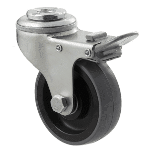 K Series castor, 75mm x 28mm x 23mm polyurethane (PU) wheel, precision bearing, swivel bolt hole, total brake, grey seal & pedal, 100 kg load rating