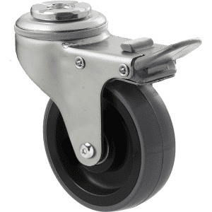 K Series castor, 75mm x 28mm x 23mm polyurethane (PU) wheel, precision bearing, swivel bolt hole, total brake, Chicago screw axle, grey seal & pedal, 100 kg load rating