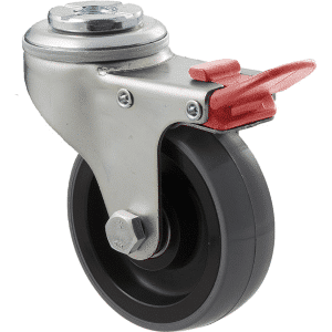 K Series castor, 75mm x 28mm x 23mm polyurethane (PU) wheel, precision bearing, swivel bolt hole, total brake, grey seal & red pedal, 100 kg load rating g