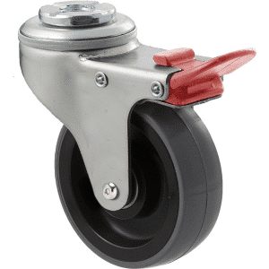 K Series castor, 75mm x 28mm x 23mm polyurethane (PU) wheel, precision bearing, swivel bolt hole, total brake, Chicago screw axle, grey seal & red pedal, 100 kg load rating