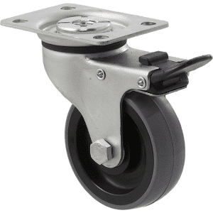 K Series castor, 75mm x 28mm x 23mm polyurethane (PU) wheel, precision bearing, swivel plate, total brake, 100 kg load rating