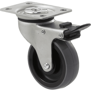 K Series castor, 75mm x 28mm x 23mm polyurethane (PU) wheel, precision bearing, swivel plate, total brake, Chicago screw axle, 100 kg load rating