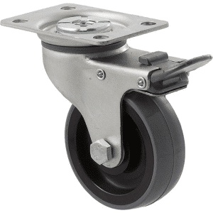 K Series castor, 75mm x 28mm x 23mm polyurethane (PU) wheel, precision bearing, swivel plate, total brake, grey seal & pedal, 100 kg load rating