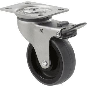 K Series castor, 75mm x 28mm x 23mm polyurethane (PU) wheel, precision bearing, swivel plate, total brake, Chicago screw axle, grey seal & pedal, 100 kg load rating