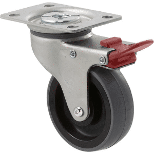 K Series castor, 75mm x 28mm x 23mm polyurethane (PU) wheel, precision bearing, swivel plate, total brake, Chicago screw axle, grey seal & red pedal, 100 kg load rating