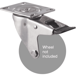 M Series stainless steel (grade 304), swivel plate with total brake, fork, 100mm wheel, 100% corrosive-free.