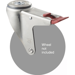 M Series, swivel bolt hole zinc fork with total brake for a 150mm wheel, Chicago screw axle.
