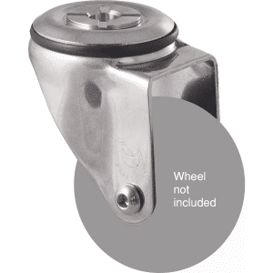 M Series stainless steel (grade 304) specialised, swivel bolt hole fork, Chicago screw for 75mm x 28mm wheel.