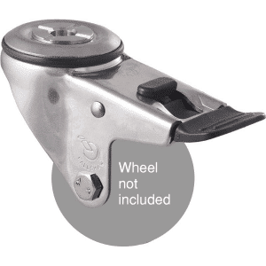 M Series stainless steel (grade 304) specialised, swivel bolt hole fork, total brake, hex bolt for 75mm x 28mm wheel.