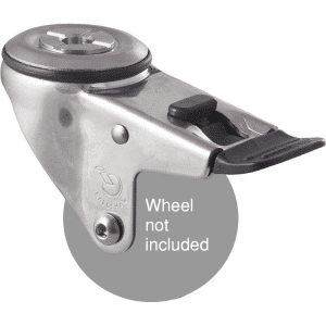 M Series stainless steel (grade 304) specialised, swivel bolt hole fork, total brake, Chicago screw for 75mm x 28mm wheel.
