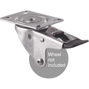 M Series stainless steel (grade 304) specialised, swivel plate fork, total brake, Chicago screw axle for 75mm x 28mm wheel.