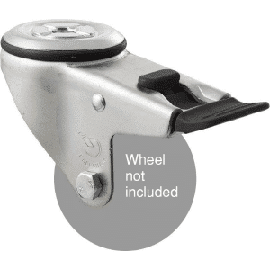 M Series, swivel bolt hole zinc fork with total brake for a 75mm x 28mm wheel, black seal & pedal.