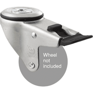 M Series, swivel bolt hole zinc fork with total brake for a 75mm x 28mm wheel, black seal & pedal, Chicago screw axle.