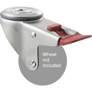 M Series, swivel bolt hole zinc fork with total brake for a 75mm x 28mm wheel, Chicago screw axle.