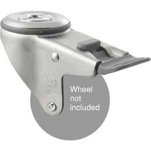 M Series, swivel bolt hole zinc fork with total brake for a 75mm x 28mm wheel, grey seal & pedal, Chicago screw axle.