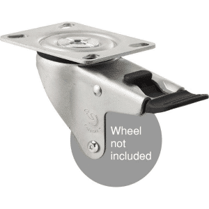 M Series, swivel plate zinc fork with total brake for a 75mm x 28mm wheel, black seal & pedal, Chicago screw axle.