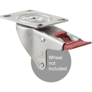 M Series, swivel plate zinc fork with total brake for a 75mm x 28mm wheel, Chicago screw axle.
