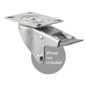 M Series, swivel plate zinc fork with total brake for a 75mm x 28mm wheel, grey seal & pedal.