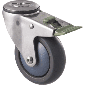 M Series castor, antistatic/conductive 100mm x 32mm TPE rubber wheel, thread guard, swivel bolt hole, direction lock, stainless steel fork, 85 kg load rating