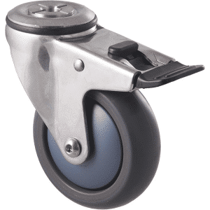 M Series castor, antistatic/conductive 100mm x 32mm TPE rubber wheel, thread guard, swivel bolt hole, total brake, stainless steel fork, 85 kg load rating