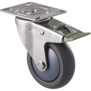 M Series castor, antistatic/conductive 100mm x 32mm TPE rubber wheel, thread guard, swivel plate, direction lock, stainless steel fork, 85 kg load rating