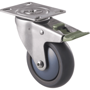 M Series castor, antistatic/conductive 100mm x 32mm TPE rubber wheel, thread guard, swivel plate, direction lock, stainless steel fork, 85 kg load rating