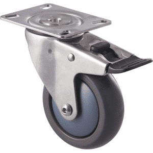 M Series castor, antistatic/conductive 100mm x 32mm TPE rubber wheel, thread guard, swivel plate, total brake, stainless steel fork, 85 kg load rating