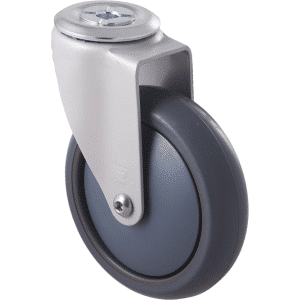 M Series castor, antistatic/conductive 125mm x 32mm TPE rubber wheel, thread guard, swivel bolt hole, stainless steel fork, 85 kg load rating