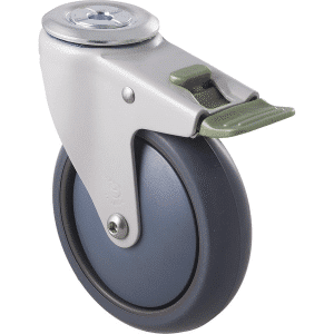 M Series castor, antistatic/conductive 125mm x 32mm TPE rubber wheel, thread guard, swivel bolt hole, direction lock, stainless steel fork, 85 kg load rating