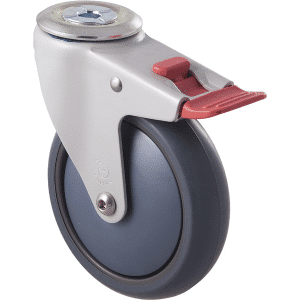 M Series castor, antistatic/conductive 125mm x 32mm TPE rubber wheel, thread guard, swivel bolt hole, total brake, stainless steel fork, 85 kg load rating