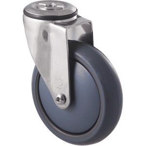 M Series castor, antistatic/conductive 125mm x 32mm TPE rubber wheel, thread guard, swivel bolt hole, stainless steel fork, 85 kg load rating