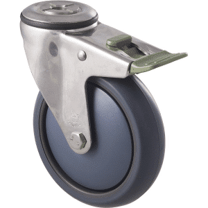 M Series castor, antistatic/conductive 125mm x 32mm TPE rubber wheel, thread guard, swivel bolt hole, direction lock, stainless steel fork, 85 kg load rating